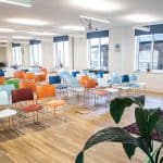 large conference space with tech